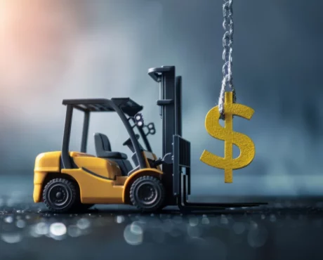 A 3D image of an excavator with a dollar sign hanging from a chain